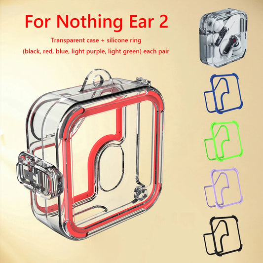 Headphone Shell PC Transparent Headphone Box Case with 5 Pairs Silicone Ring Waterproof Lanyard and Metal Hook for Nothing Ear 2