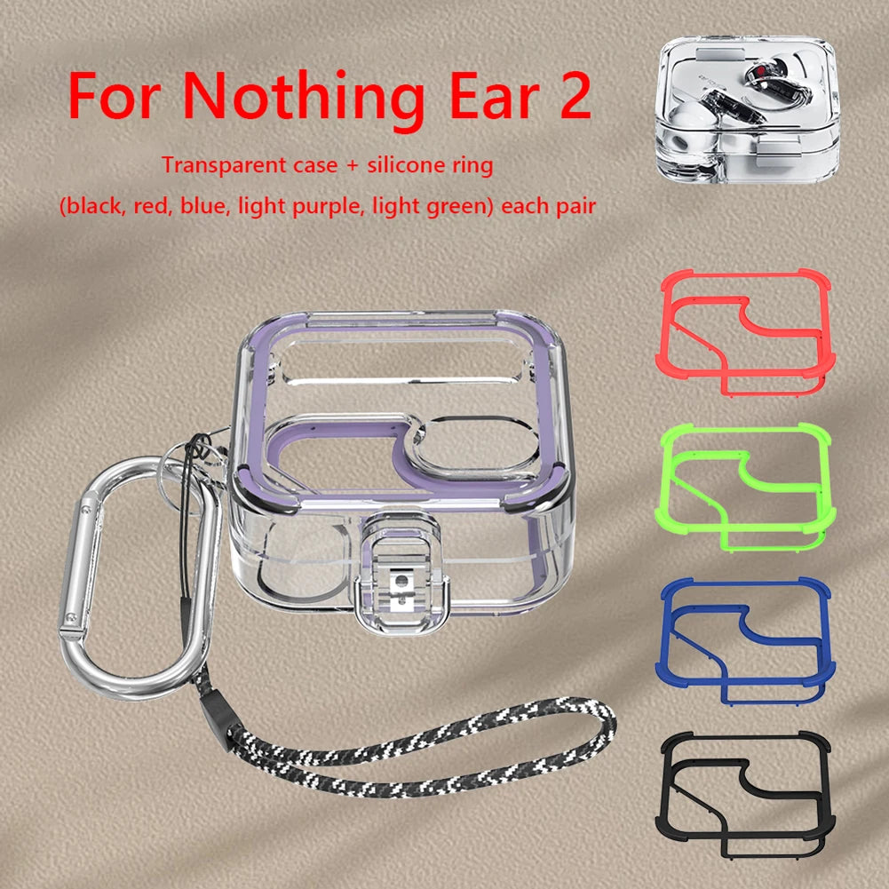 Headphone Shell PC Transparent Headphone Box Case with 5 Pairs Silicone Ring Waterproof Lanyard and Metal Hook for Nothing Ear 2