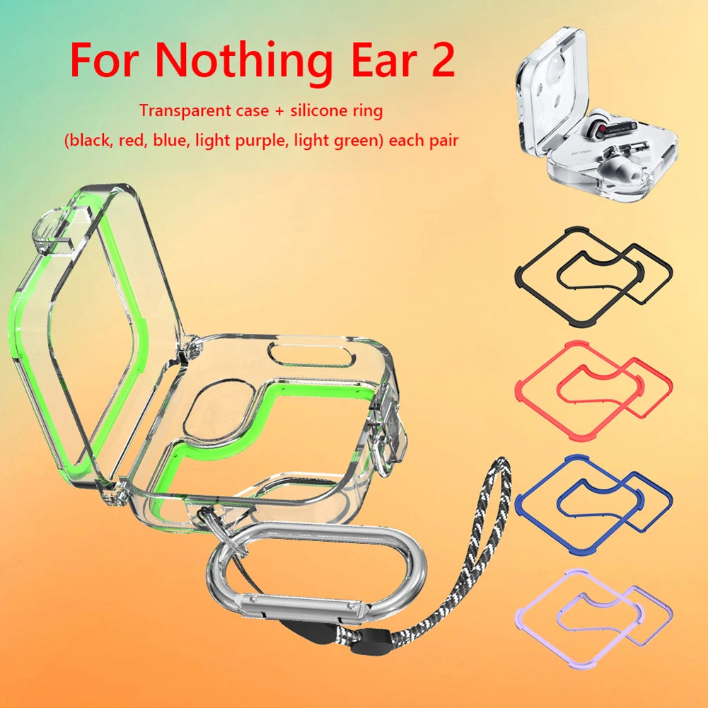 Headphone Shell PC Transparent Headphone Box Case with 5 Pairs Silicone Ring Waterproof Lanyard and Metal Hook for Nothing Ear 2
