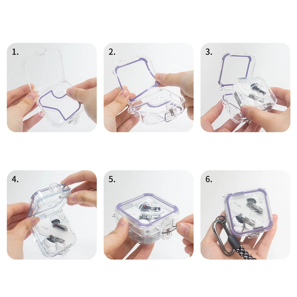 Headphone Shell PC Transparent Headphone Box Case with 5 Pairs Silicone Ring Waterproof Lanyard and Metal Hook for Nothing Ear 2